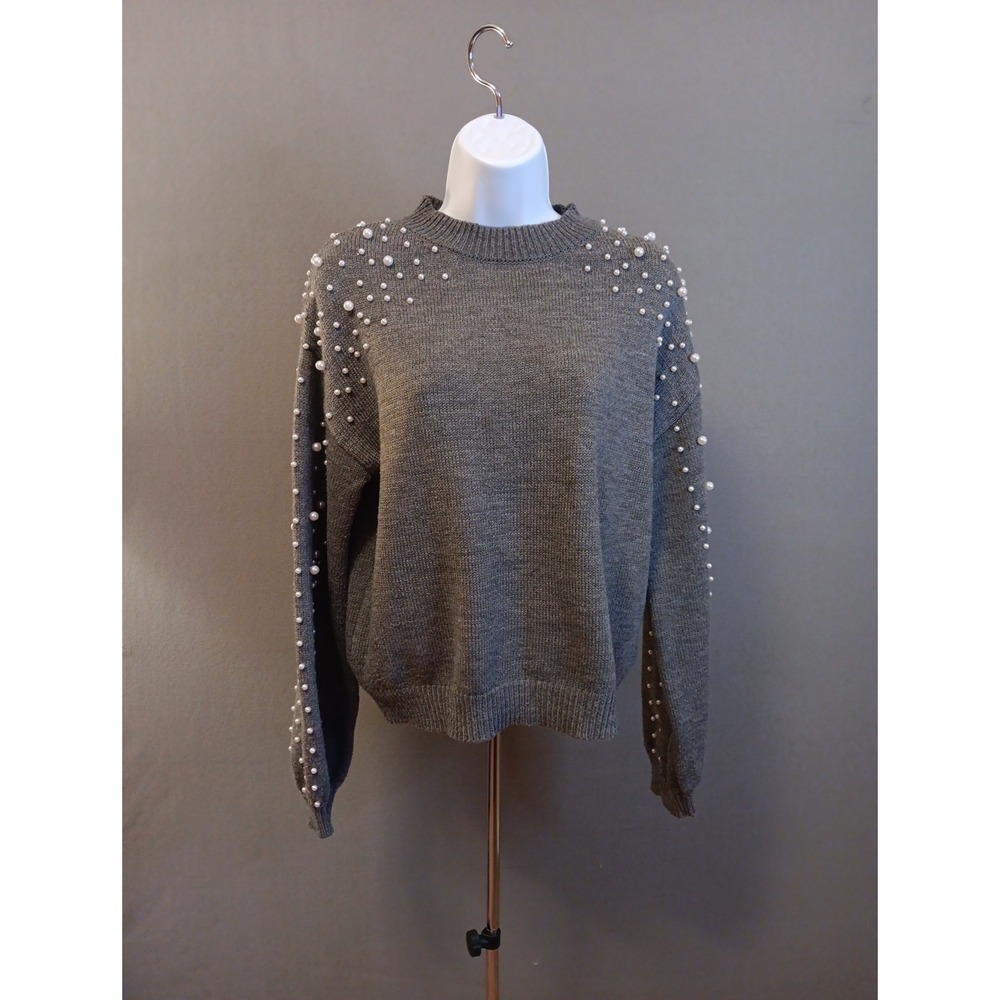 Blooming Jelly Pearl Sleeve‎ Gray Sweater Blouse Small Art Wool